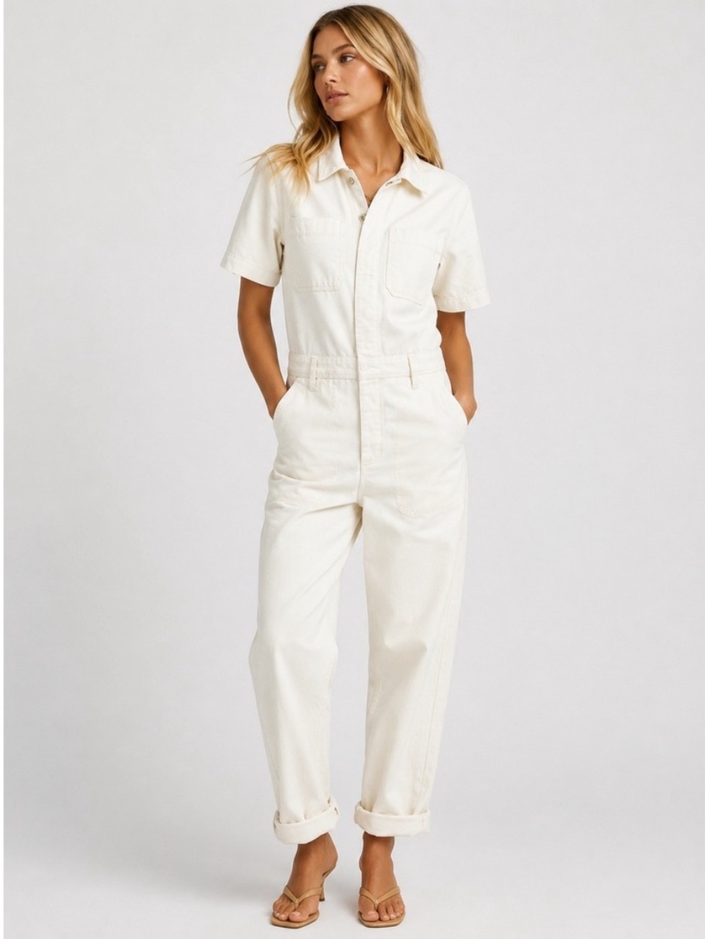 Everlane Short Sleeve Coveralls Utility Jumpsuit Cream Size 00